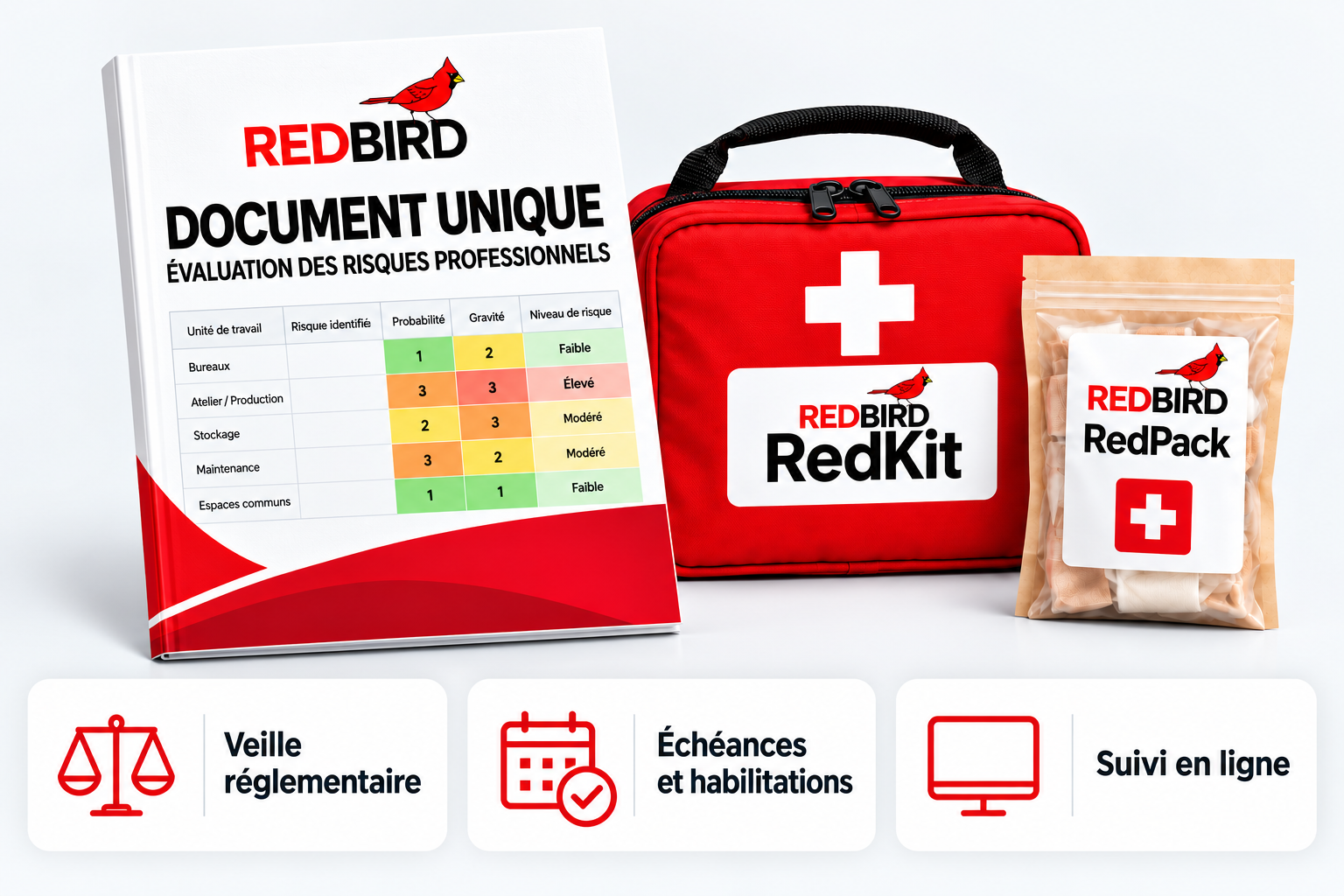 Illustration du document unique, du RedKit, du RedPack, de la veille réglementaire, des échéances et du suivi en ligne